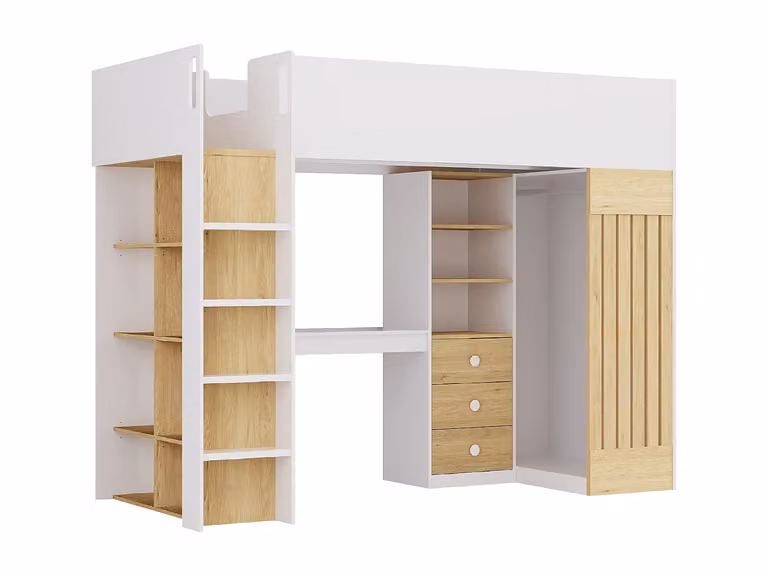 Cama alta infantil Lorinti con escritorio, armario y cajones en color blanco y beige, An/P/Al: 190 x 90 x 180 cm