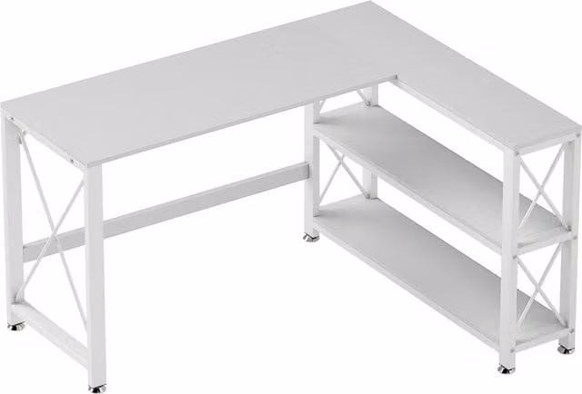 Escritorio de esquina modular reversible HOMCOM con estante de almacenamiento y marco de metal, blanco, An/P/Al: 135 x 110 x 75 cm
