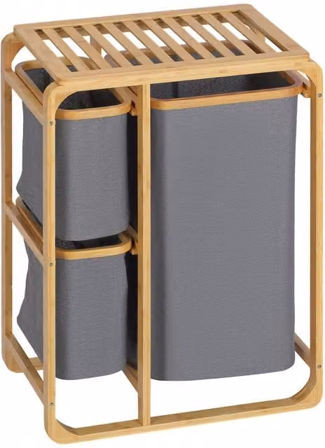 Organizador de ropa sucia de bambú NORTHIX con 3 bolsas extraíbles en color gris y beige