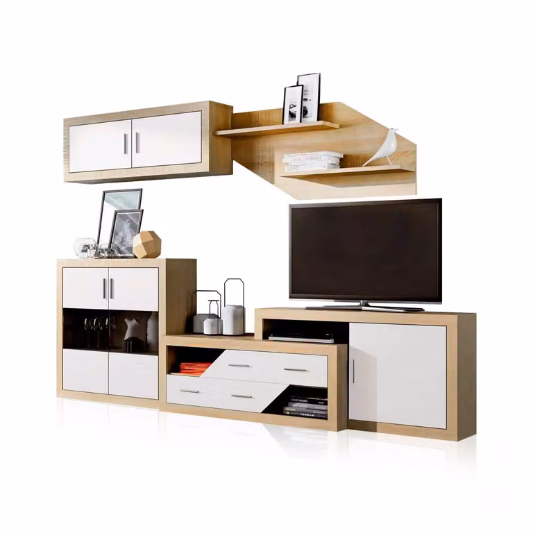 Salón modular Nuka V9 Duehome de estilo escandinavo en colores beige y blanco con gran capacidad de almacenaje de 300 cm