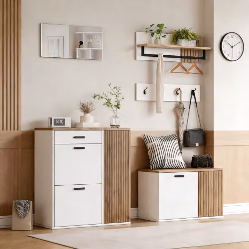 Conjunto de muebles de entrada WISHDOR con zapatero, banco, espejo y perchero con 4 ganchos, color blanco y acabado mate en MDF