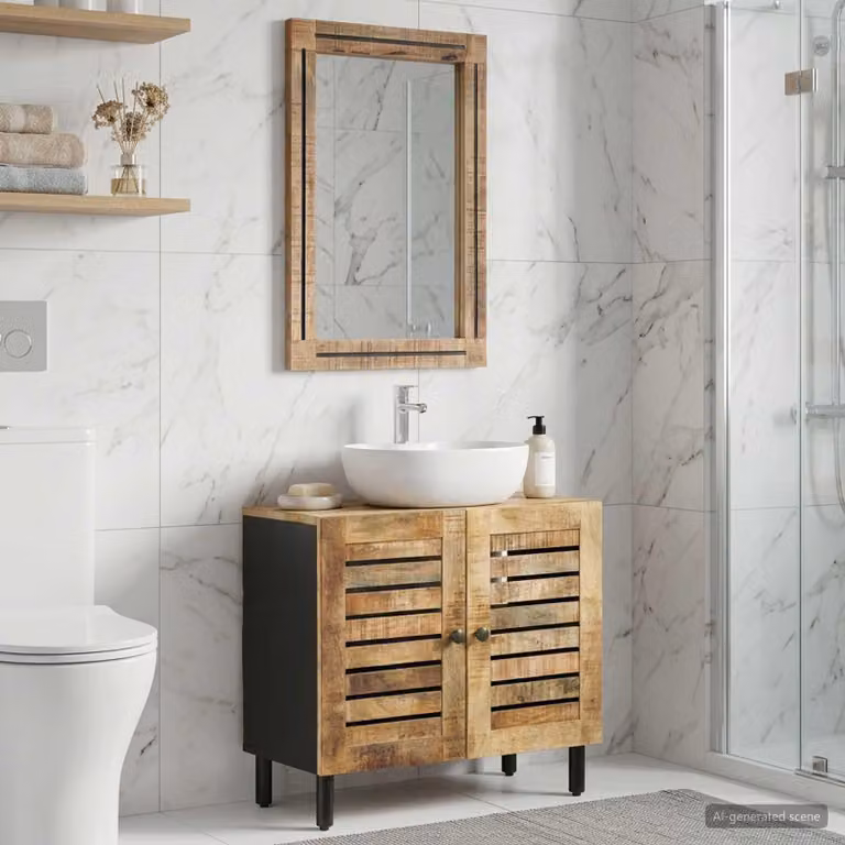 Prolenta Juego de 2 armarios de baño con espejo de madera de mango color marrón, diseño minimalista y montaje en pared, An/P/Al: 62 x 33 x 58 cm
