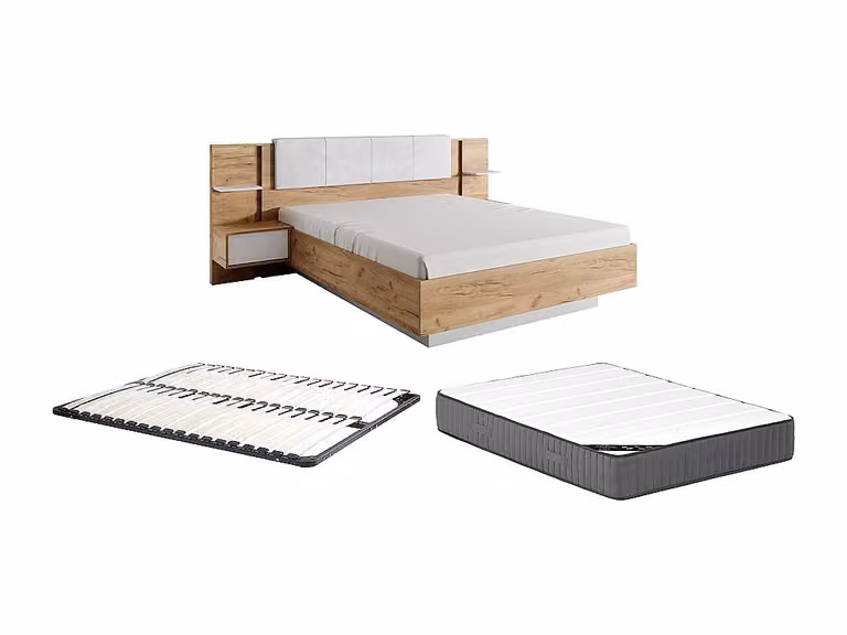 Conjunto de cama con mesitas de noche y colchón híbrido ELYNIA en color blanco y beige con iluminación LED bajo la cama, An/P/Al: 160 x 200 x 210 cm