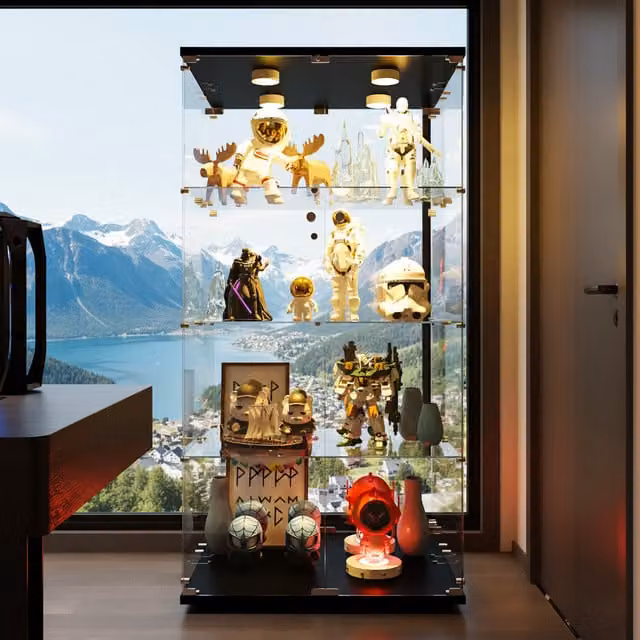Vitrina de cristal NAHILIMI con iluminación LED, 2 puertas de cristal, 4 estantes internos y cerradura, estilo nórdico, color negro