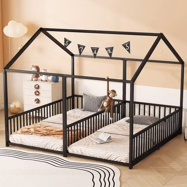 Litera infantil MODENVIE de metal con estructura de casita y escalera, color negro, An/P/Al: 90 x 200 x 186 cm