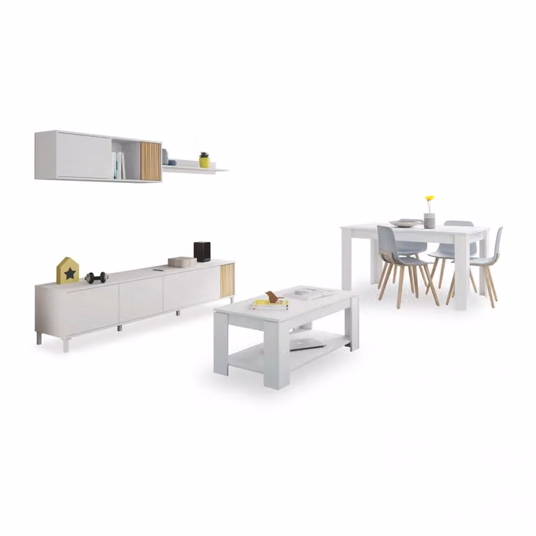 Pack de salón Nitza Max V1A de DUEHOME con mesa de centro y mesa de comedor extensible en blanco mate y natur, An/P/Al: 200 x 47 x 40 cm