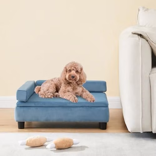 Cama para perro y gato en.casa Salkonssad con almacenamiento oculto y laterales desmontables, tapizada en terciopelo azul, An/P/Al: 60 x 45 x 24 cm
