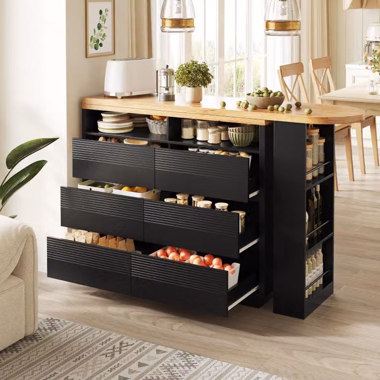 Isla de cocina extensible OKWISH con mesa de bar tipo bistro, tablero de MDF, cajones, estante para aperitivos y ruedas, color negro y natural