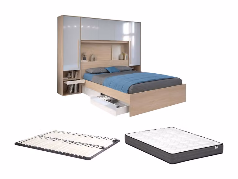 Cama moderna con almacenamiento y luz LED de VENTE-UNIQUE en color blanco y multicolor, An/P/Al: 160 x 200 x 243 cm