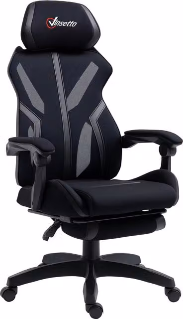 Silla gaming Vinsetto negra con reposacabezas y reposapiés, giratoria y reclinable, An/P/Al: 65 x 65 x 119-129 cm