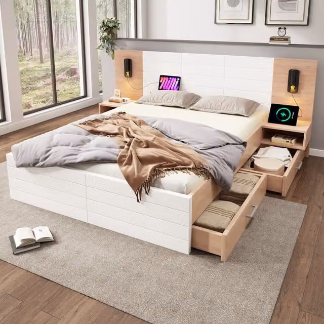 Cama Doble MODENVIE con 2 Mesitas de Noche, Cabecero con Luz de Lectura Giratoria y Puerto USB, Madera y MDF, Blanco, 180 x 200 cm