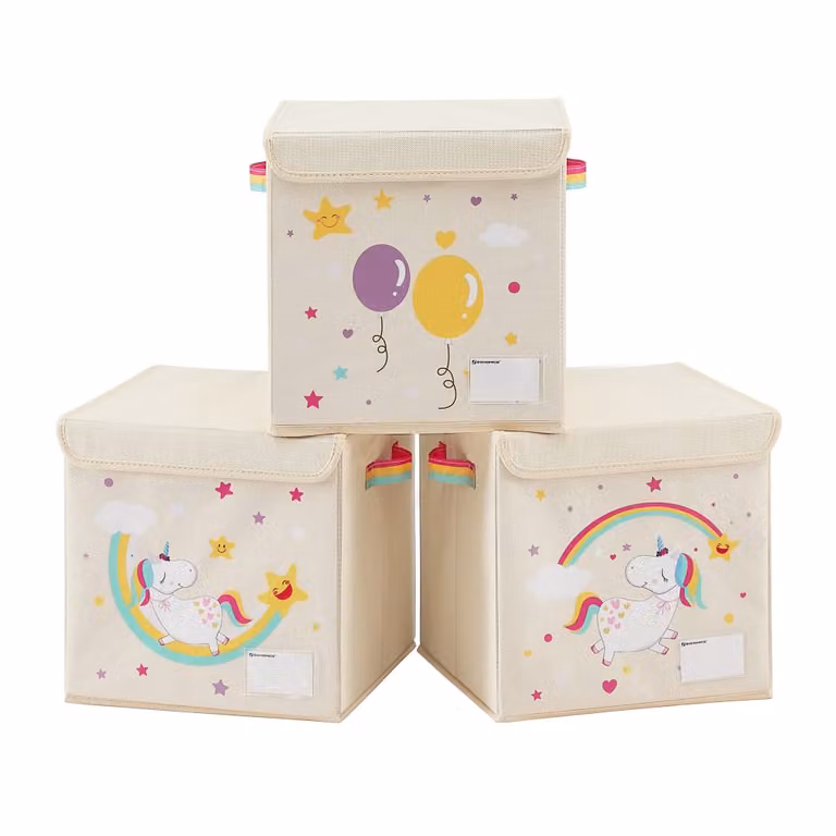 Set de 3 cajas de almacenaje plegables Songmics con tapa y asas, color beige, An/P/Al: 30 x 30 x 30 cm