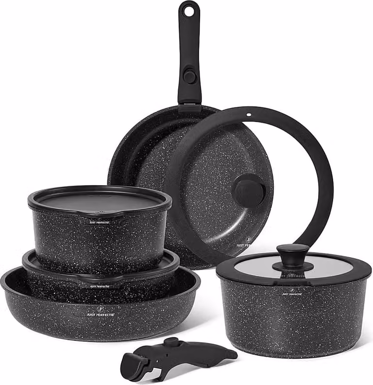 Juego de 11 piezas de utensilios de cocina B2X con revestimiento cerámico y mangos desmontables en colores gris, negro y multicolor