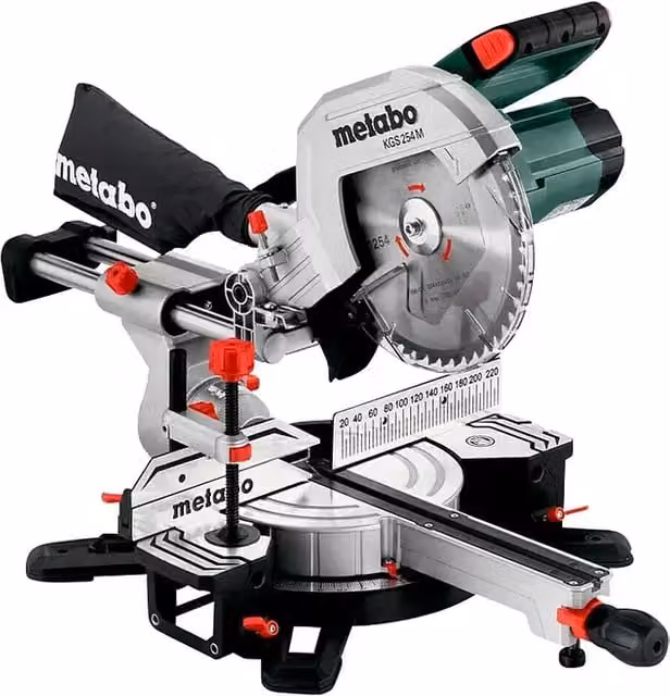 Sierra ingletadora de mesa Metabo KGS 254 M en color plata con 1800 W y disco de 254 mm