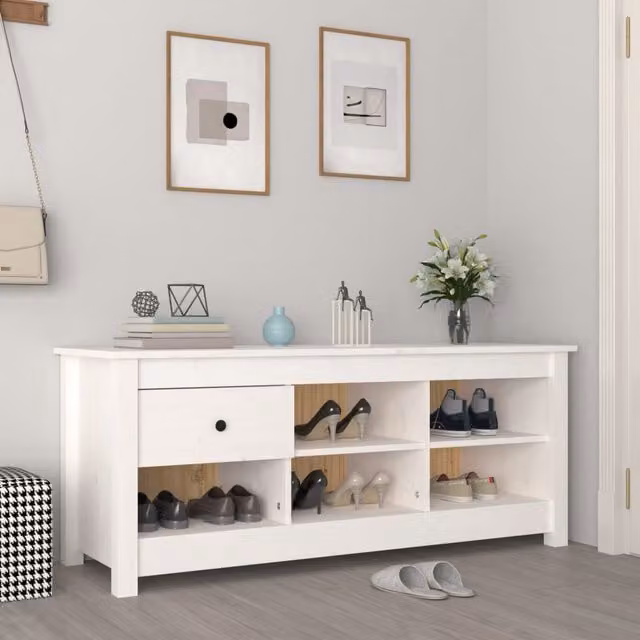 vidaXL Zapatero de madera de pino lacada en blanco de estilo rústico An/P/Al: 110 x 38 x 45,5 cm