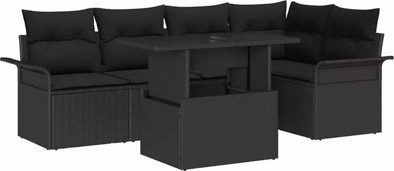 Conjunto de sofá de jardín Syfax de 6 piezas en ratán sintético y madera de acacia color negro con cojines incluidos