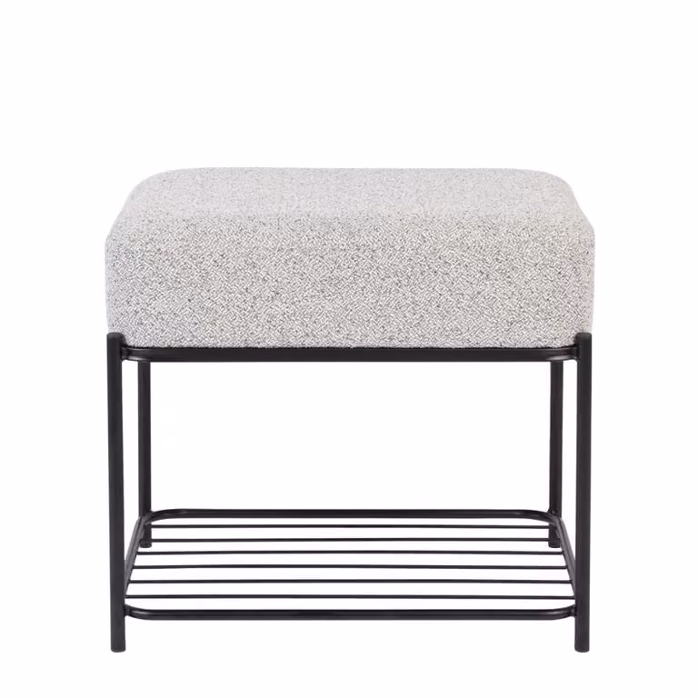 Taburete rectangular moderno de tela gris con estructura metálica para salón, dormitorio u oficina