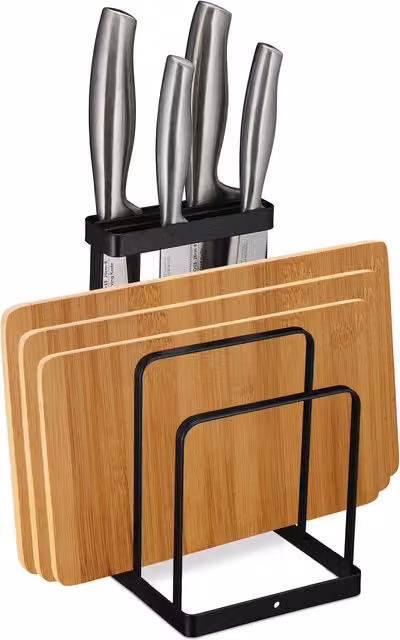 Soporte de cocina 2 en 1 para cuchillos y tablas de cortar relaxdays en metal negro, An/P/Al: 21,5 x 12 x 14 cm