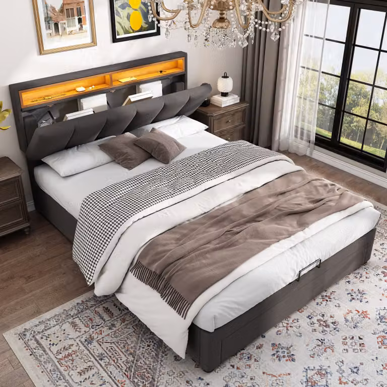 Cama tapizada STILVORA con sistema hidráulico, almacenamiento y luz LED en color gris, An/P/Al: 140 x 200 x 60,3 cm