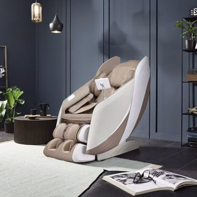 Sillón de masaje Home Deluxe HYLOS con función de gravedad cero en color beige y tapizado de piel sintética