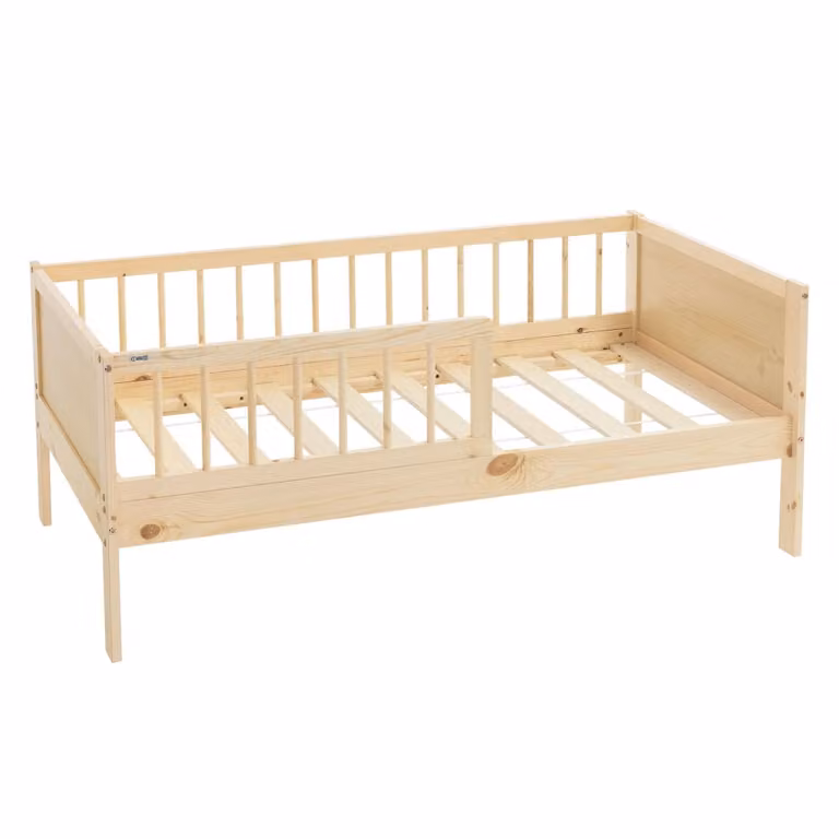Cama infantil ML-Design de madera de pino en color beige con somier de láminas y protección anticaída, An/P/Al: 140 x 70 cm