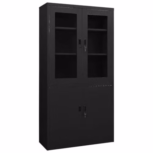 Armario de oficina Helloshop26 con puertas de cristal y estantes regulables en color negro mate, An: 90 cm, P: 40 cm, Al: 180 cm
