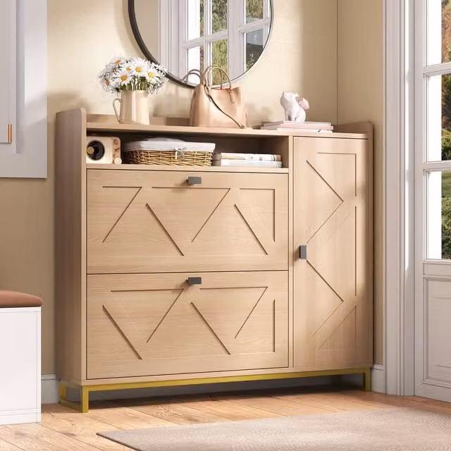 Zapatero WISHDOR moderno en color beige con puertas abatibles soft close y nicho abierto, An/P/Al: 110 x 24 x 100 cm