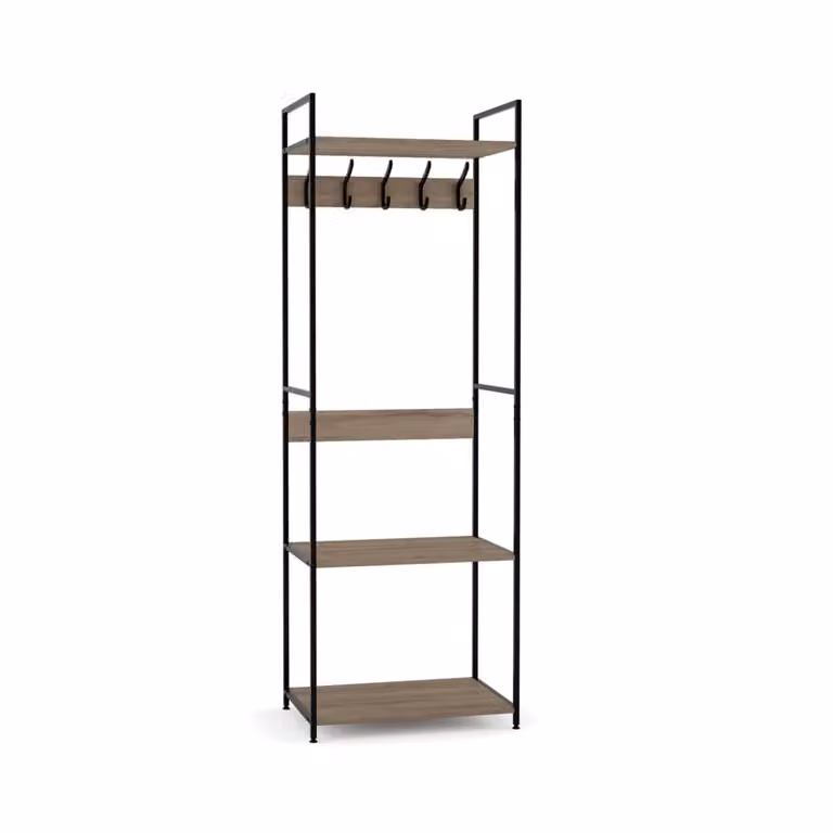 Perchero armario industrial HISPANOHOGAR de metal y mdf en color grafito y nogal con 5 ganchos y 3 estantes, Al: 174,5 cm, An: 60 cm, P: 40 cm