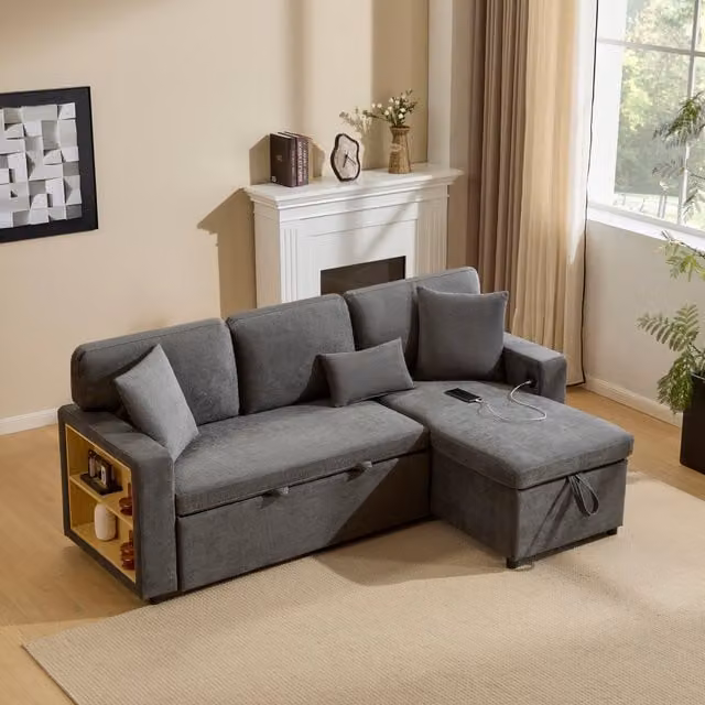 Sofá Cama Esquinero Reversible KELLANY en Gris con Carga USB y Almacenamiento, An/P/Al: 140 x 190 x 87 cm