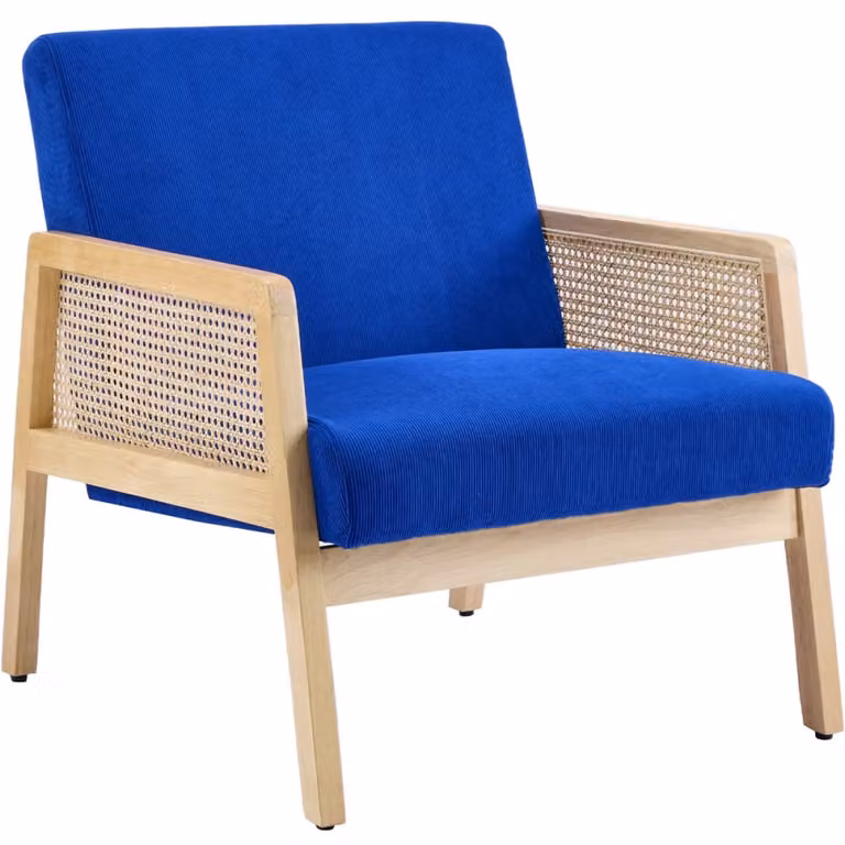 Sillón lounge retro Homifab de terciopelo azul con estructura de madera y rejilla y con reposabrazos