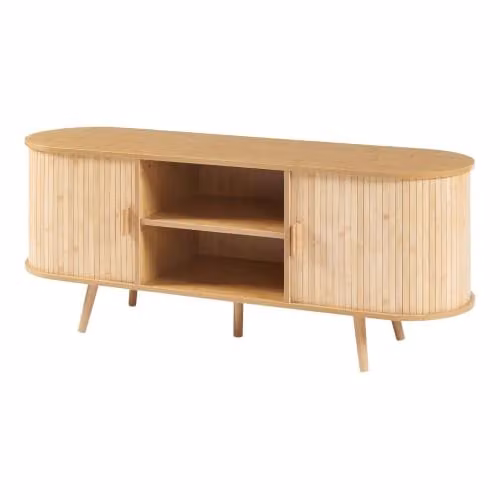 Aparador Helloshop26 moderno de madera y bambú con puertas correderas para salón, recibidor o dormitorio, color beige y marrón, An/P/Al: 140 x 40 x 56 cm