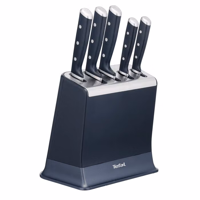 Set de 5 cuchillos Tefal EverSharp Pro con bloque y afilador integrado en color negro