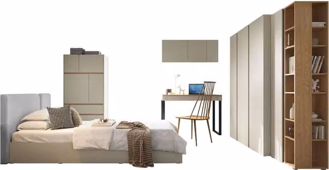 Conjunto de dormitorio moderno Mobilier1 Fiosono 113 en eucalipto y roble con cama de 120x200 cm y armario