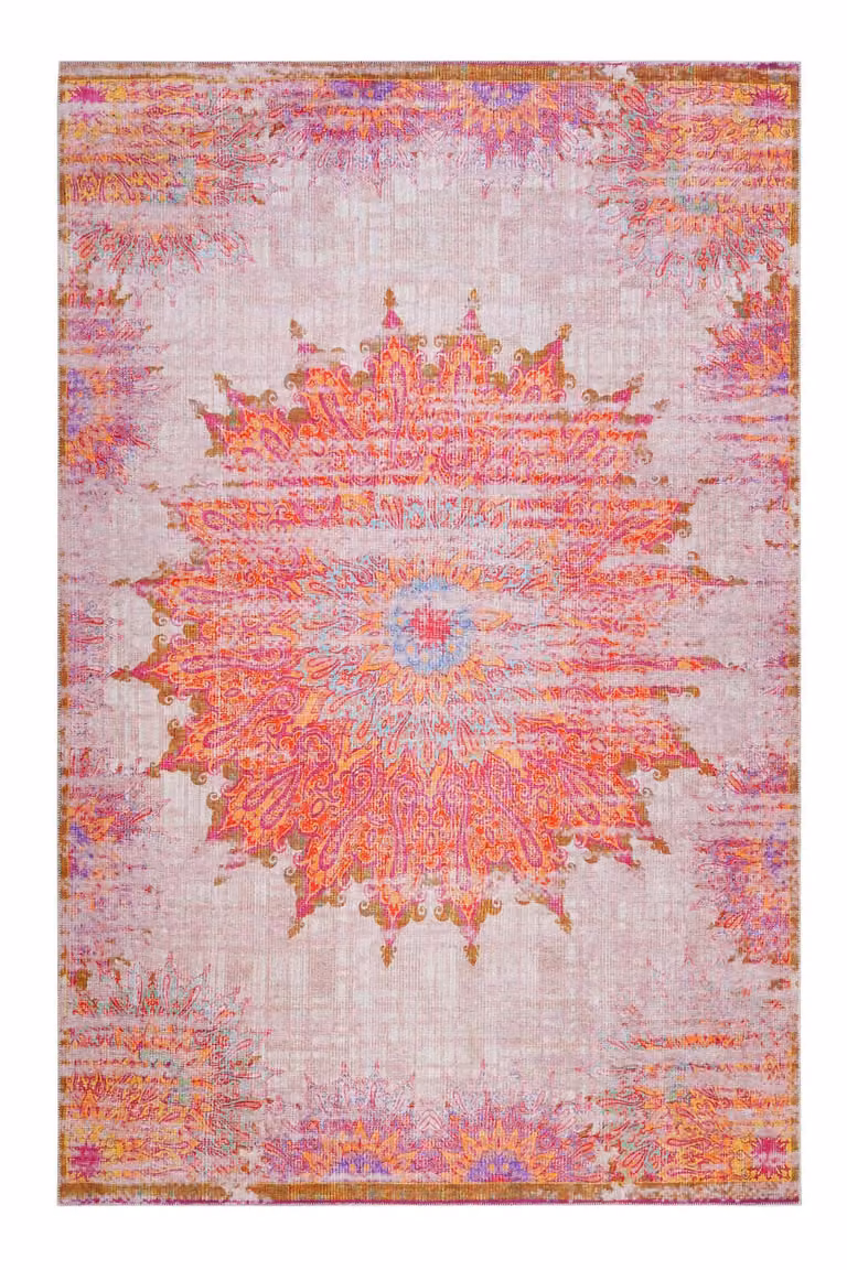 Alfombra Wecon Home de estilo retro vintage en rosa pastel y multicolor, An/P: 130 x 190 cm
