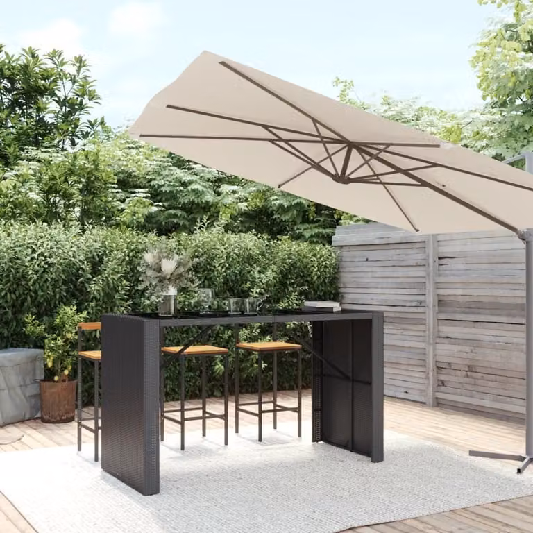 Mesa alta de bar Syfax en ratán y superficie de vidrio negro para jardín o terraza, An/P/Al: 185 x 80 x 110 cm