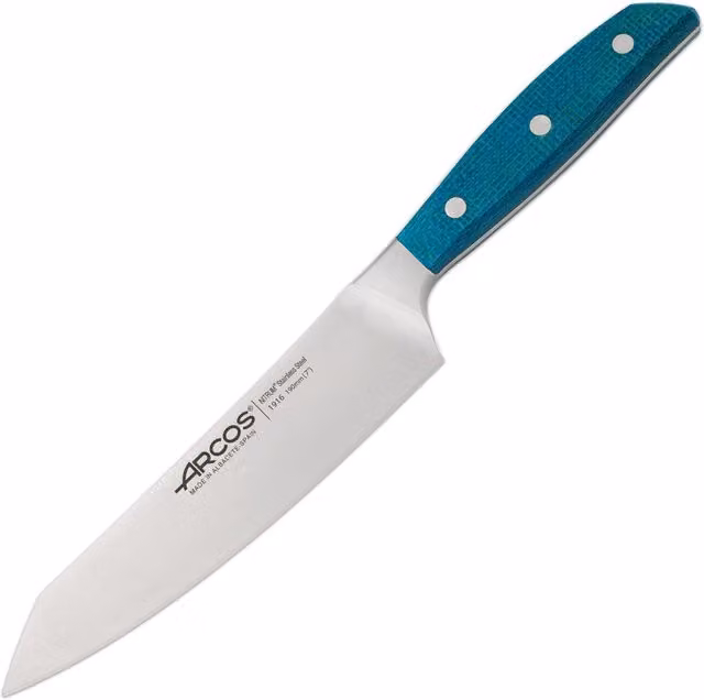Cuchillo rocking santoku Arcos Brooklyn de acero inoxidable forjado nitrum, color azul y plata, 19 cm