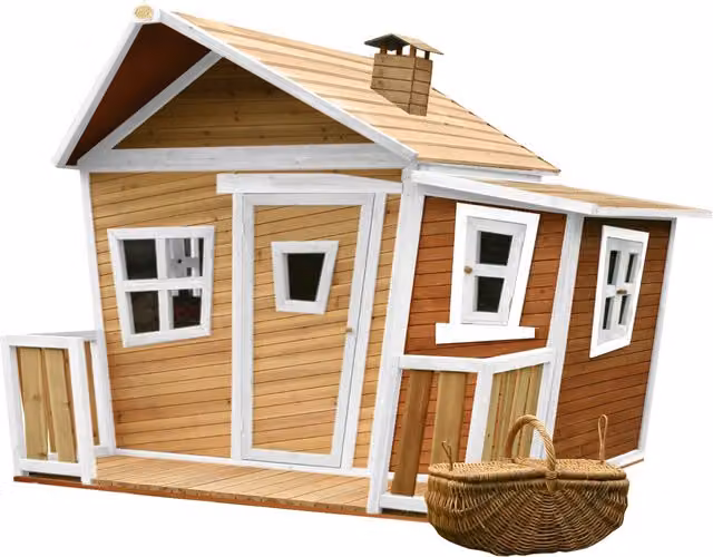 Casa de juegos infantil de madera AXI con porche, color marrón y blanco, An/P/Al: 193 x 174 x 220 cm