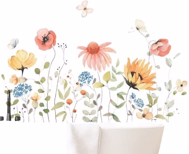 Pegatinas de pared adhesivas NEBELMEER con diseño floral y de animales en acuarela multicolor, An/P/Al: 30 x 60 cm