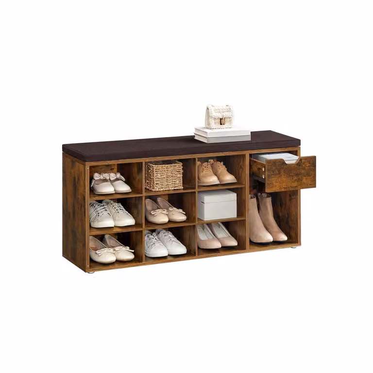 VASAGLE Banco Zapatero con Asiento Acolchado de Tela, Marrón, An: 104 cm, P: 30,5 cm, Al: 48 cm