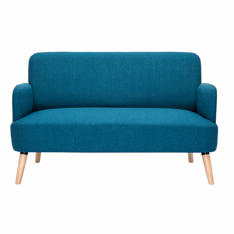 Sofá nórdico de 2 plazas ISKO tapizado en tela azul petróleo con patas de madera clara An/P/Al: 131 x 76,5 x 81 cm