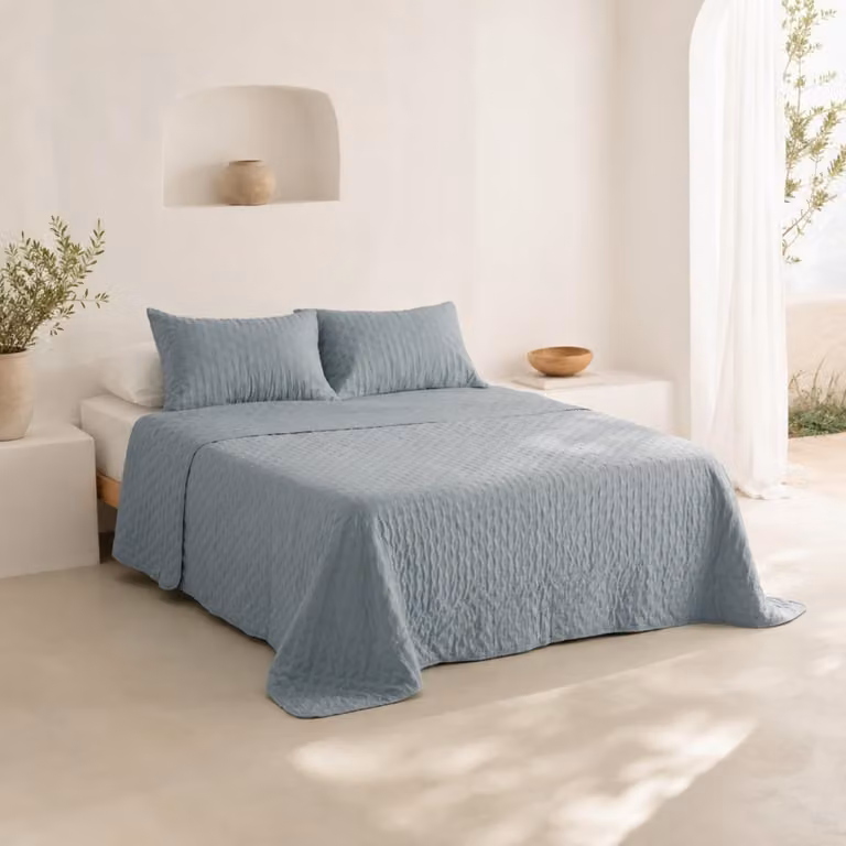 Colcha acolchada Gamusi azul para cama de 80/90 cm con funda de almohada, An/P/Al: 180 x 270 cm + 50 x 70 cm