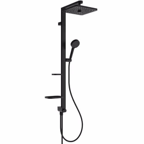 Sistema de ducha Ideal Standard Ceratwist Alu+ con cabezal cuadrado de lluvia y chorros variables en Negro Mate, An/P/Al: 34,5 x 50,1 x 110,4 cm
