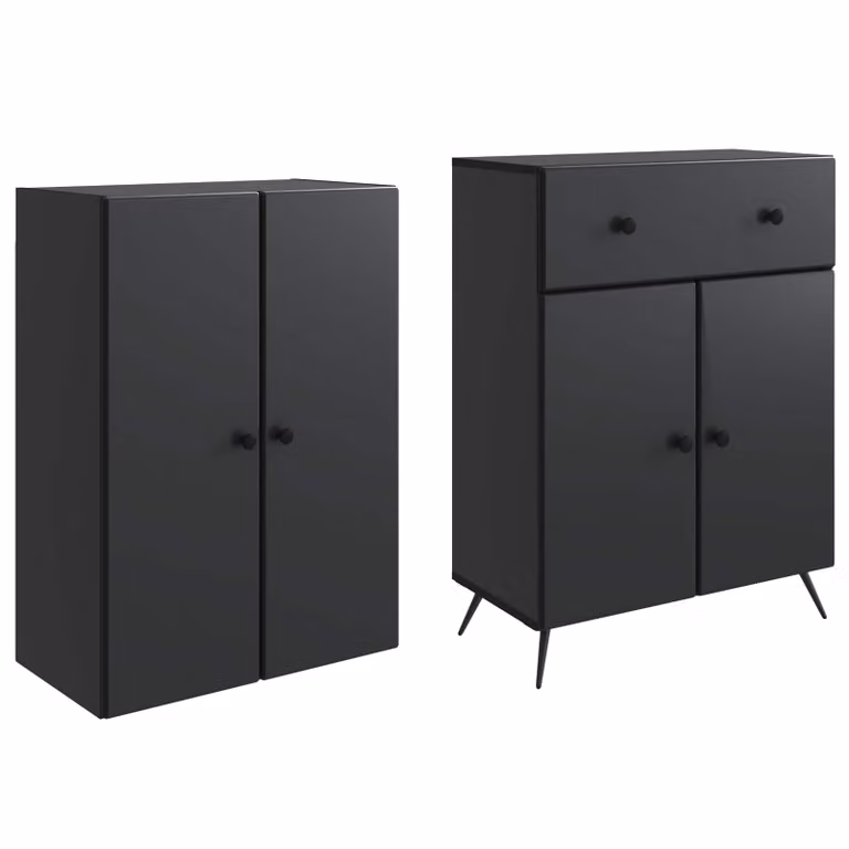 Set de 2 armarios modernos vidaXL en color negro mate con puertas batientes y estantes internos para almacenamiento general
