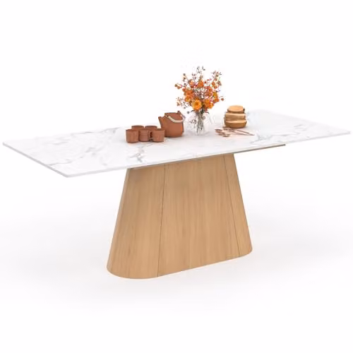 Mesa de comedor extensible Rhonda de IDMarket con tablero de mármol blanco Alaska y estructura de madera de haya para 6-10 personas