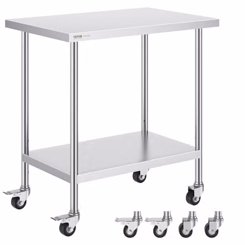Mesa de trabajo de acero inoxidable VEVOR con 4 ruedas y 3 niveles de altura ajustable, color plata, An/P: 91,4 x 61 cm