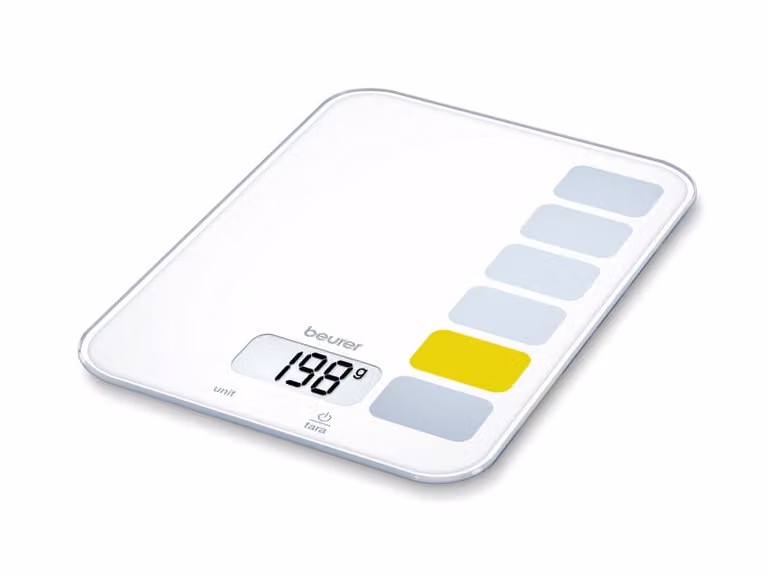 Báscula de cocina digital Beurer KS 19 con pantalla digital y superficie de cristal en color blanco