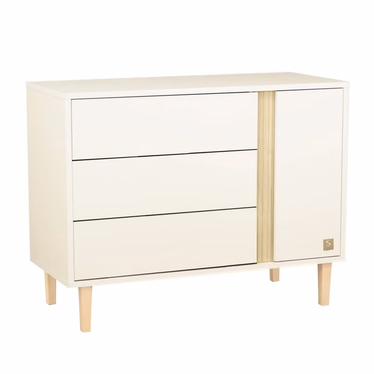 Arcón Sauthon moderno con 3 cajones y 1 puerta en color blanco y marrón con patas de madera de haya para dormitorio infantil