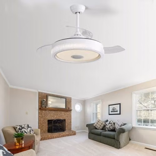 Ventilador de techo OKWISH con iluminación LED regulable, reproductor Bluetooth y mando a distancia, color blanco, Diámetro: 106 cm