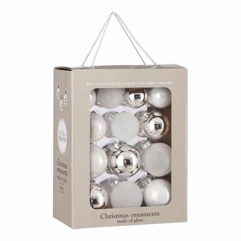 Bola de Navidad de cristal House of Seasons en color blanco con diseño moderno y geométrico de 7 x 7 x 7 cm