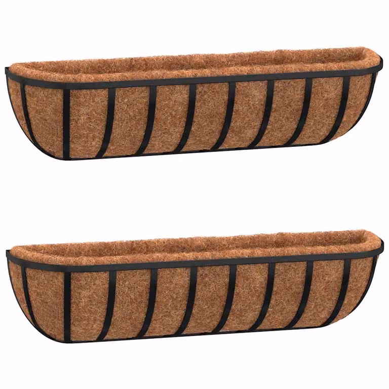 Set de 2 macetas de pared vidaXL con revestimiento de coco en acero color negro y marrón, An/P/Al: 61 x 19 x 16 cm